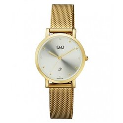 Reloj dorado y esfera blanca para mujer analÃ³gico con brazalete de malla Q&Q  A419J001Y