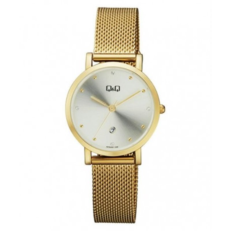 Reloj dorado y esfera blanca para mujer analÃ³gico con brazalete de malla Q&Q  A419J001Y