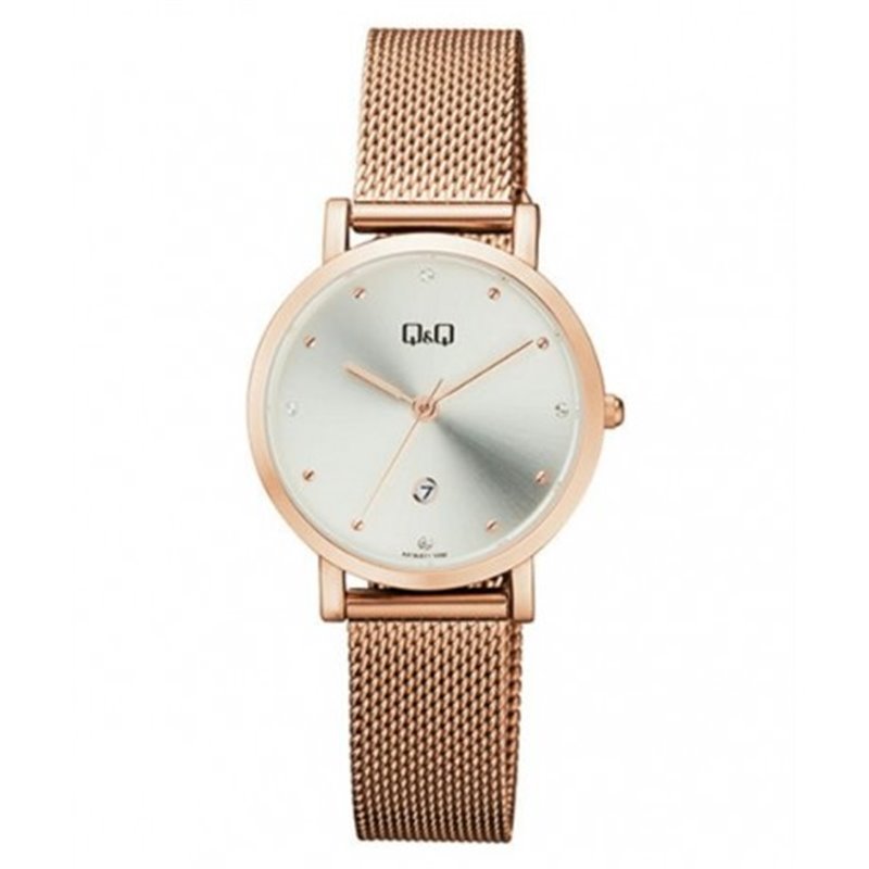 Reloj color oro rosa y esfera blanca para mujer analÃ³gico con brazalete de malla Q&Q A419J011Y