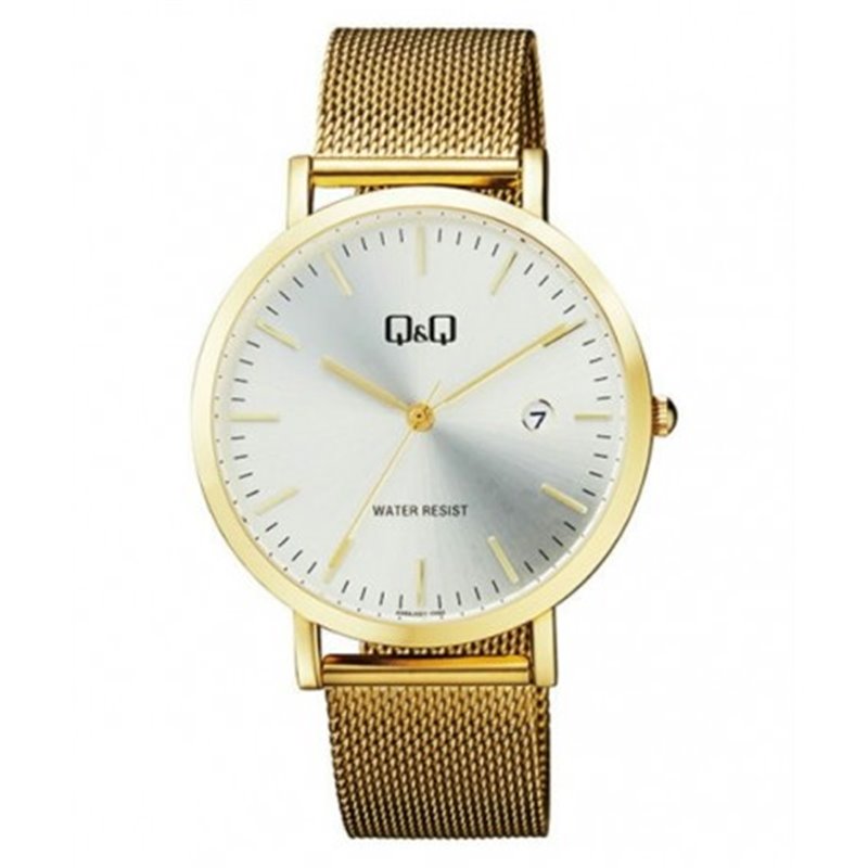 Reloj dorado y esfera blanca unisex analÃ³gico con brazalete de malla Q&Q A466J001Y