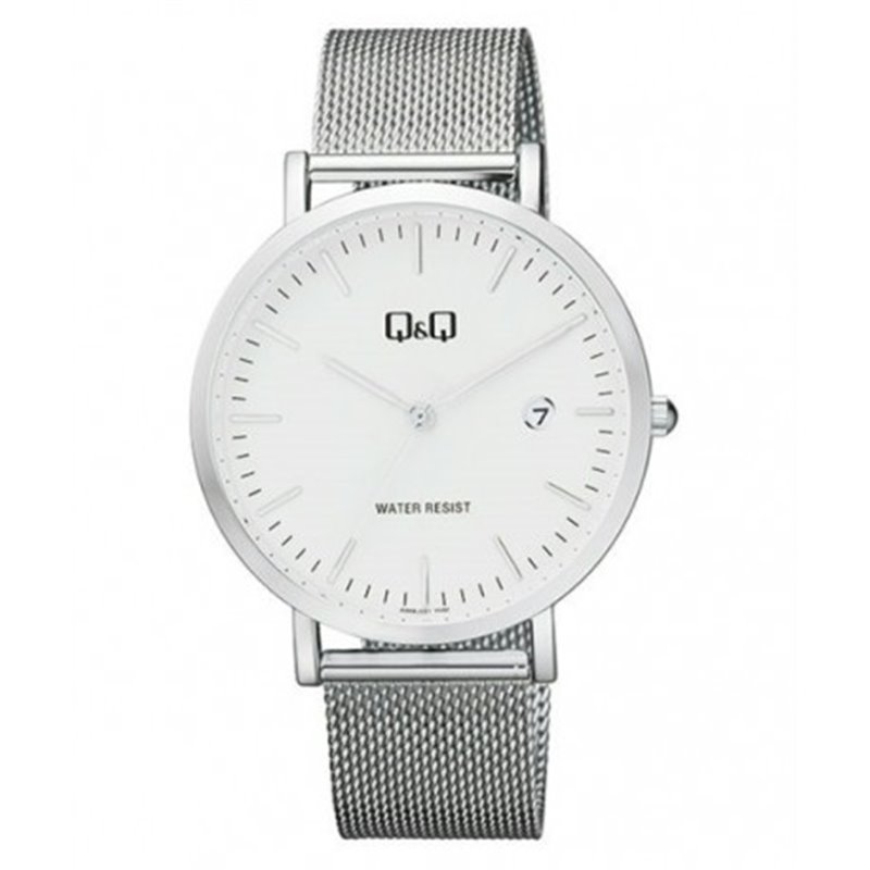 Reloj plateado y esfera blanca unisex analÃ³gico con brazalete de malla Q&Q A466J201Y