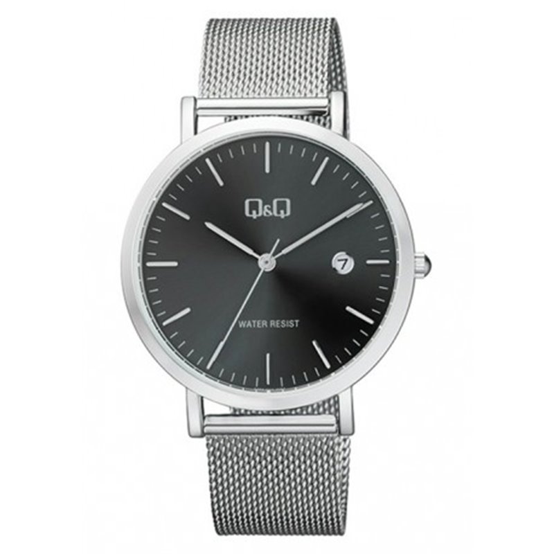 Reloj plateado y esfera negra unisex analÃ³gico con brazalete de malla QA466J222Y