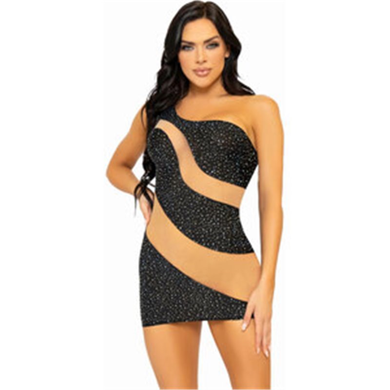 LEG AVENUE MINIVESTIDO ASIMÉTRICO DE SPANDEX - NEGRO/NUDE