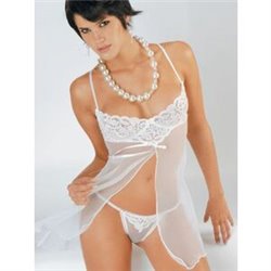 ATRACTIVO BABYDOLL DE MICROTUL CON SUJETADOR DE ENCAJE Y APERTURA DELANTERA BLANCO