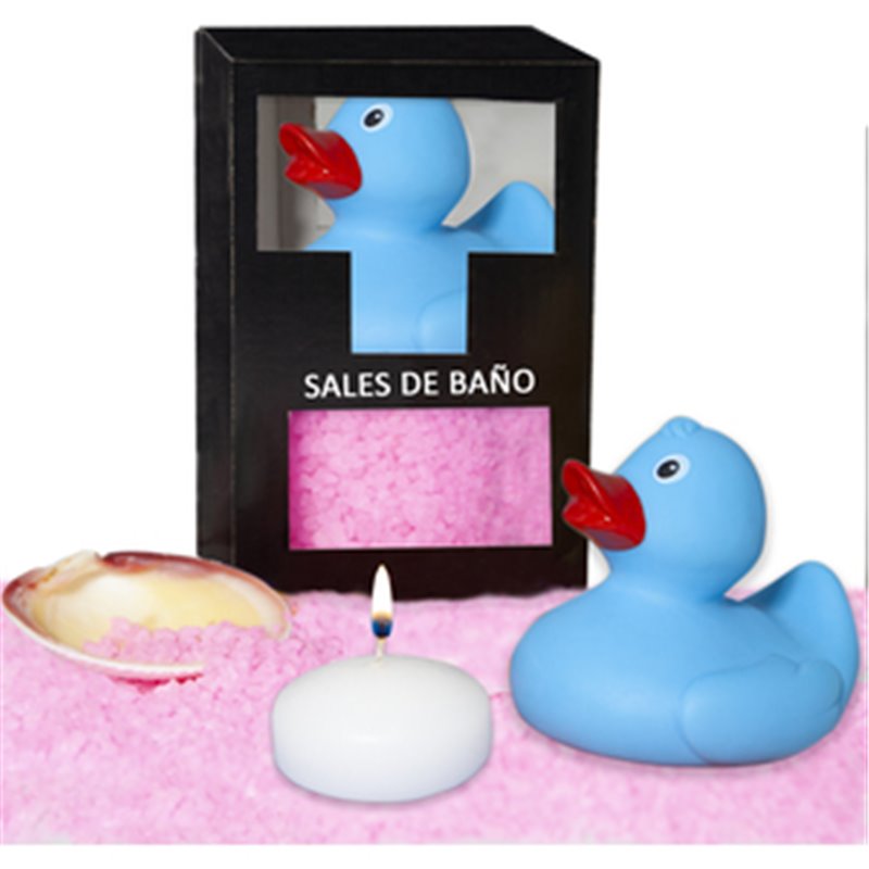 SET DE SALES DE BAÑO ROSAS 150 GR. CON PATO BAÑERA, VELA AROMATICA Y CONCHA