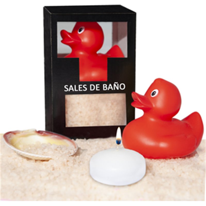 SET DE SALES DE BAÑO VAINILLA 150 GR. CON PATO BAÑERA, VELA AROMATICA Y CONCHA