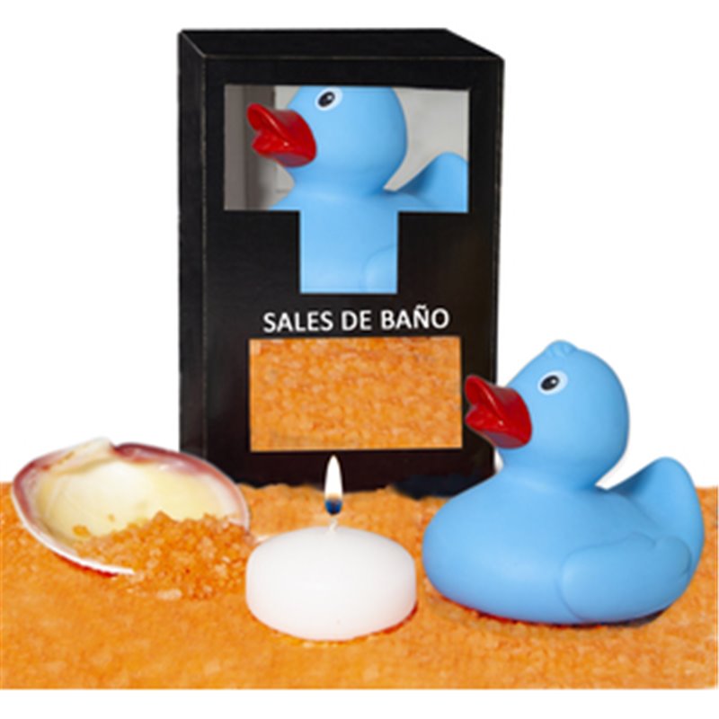 SET DE SALES DE BAÑO MANGO 150 GR. CON PATO BAÑERA, VELA AROMATICA Y CONCHA