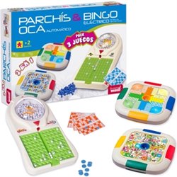 SET DE 3 JUEGOS BINGO ELÉCTRICO, PARCHIS Y OCA