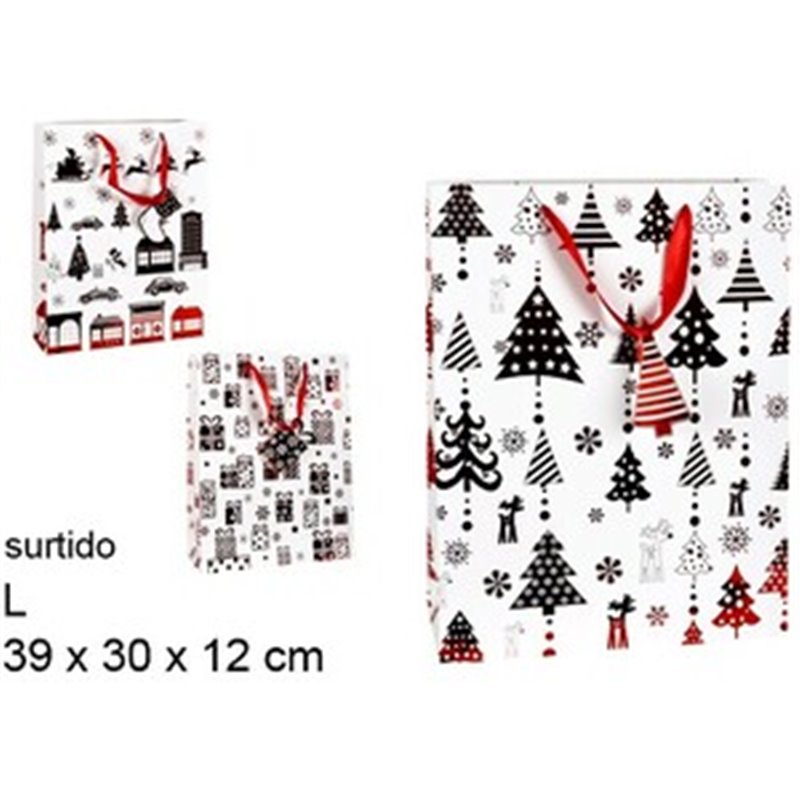 BOLSA REGALO NAVIDAD DECORADO NEGRO/ROJO SURTIDO L 39X30X12CM