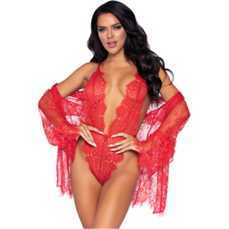 LEG AVENUE - FLORAL LACE TEDDY & ROBE - ROJO