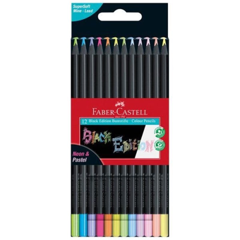 ESTUCHE CARTON 12 LÁPICES DE COLOR NEON BLACK EDITION FABER CASTELL 116410