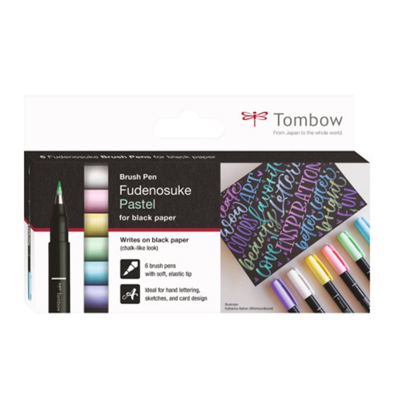 ESTUCHE 6 ROTULADORES BASE DE AGUA FUDENOSUKE PARA PAPEL OSCURO COLORES PASTEL TOMBOW WS-BS-6P