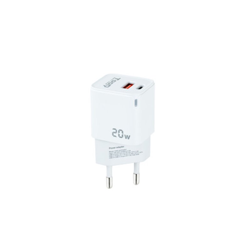 TooQ Cargador de Pared USB-C/PD + USB-A/QC 20W, Blanco