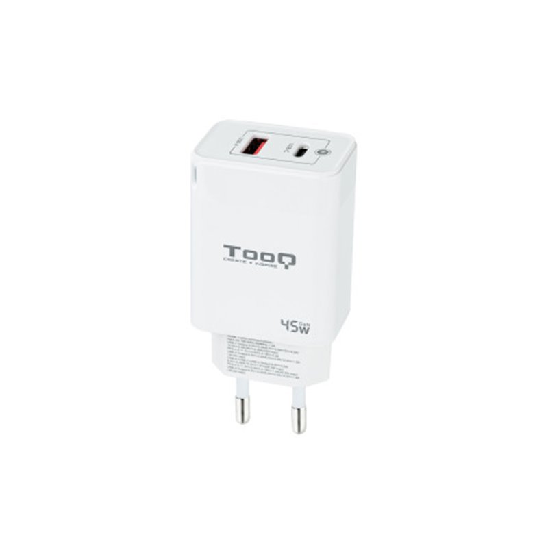 TooQ Cargador de Pared GaN USB-C/PD + USB-A/QC 45W, Blanco