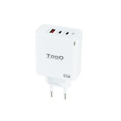 TooQ Cargador de Pared GaN 2USB-C/PD + USB-A/QC 65W, Blanco