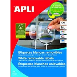 CAJA 100 HOJAS ETIQUETAS BLANCAS REMOVIBLES 38,0 X 21,2 MM APLI 3052