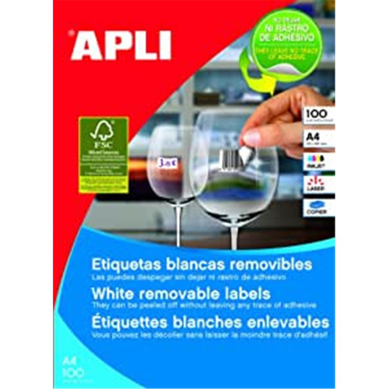 CAJA 100 HOJAS ETIQUETAS BLANCAS REMOVIBLES 38,0 X 21,2 MM APLI 3052