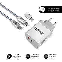 SUBBLIM CARGADOR ULTRA RAPIDO 2xUSB DE PARED PD25W+QC3.0+Cable C to C y lightning Blanco