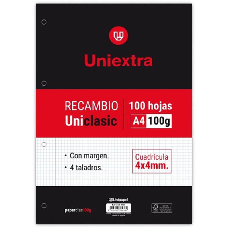 RECAMBIO UNIEXTRA A4 UNICLASIC 100 HOJAS 100G 4X4 C/M PAPYRUS 53390900