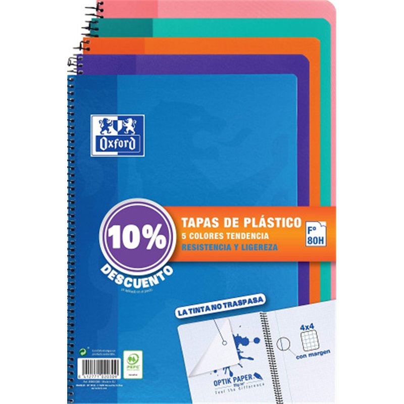 PACK 5 CUADERNOS TAPA PLÁSTICO Fº 80H.4X4 - COLORES TENDENCIA OXFORD 400091366