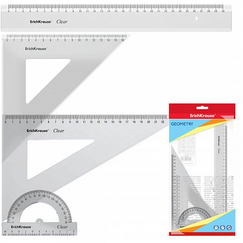 SET DE GEOMETRÍA GRANDE (REGLA 30 CM, ESCUADRA 16 CM/45º, ESCUADRA 22 CM/60º, TRANSPORTADOR 180º/10CM) ERICH KRAUSE 49573