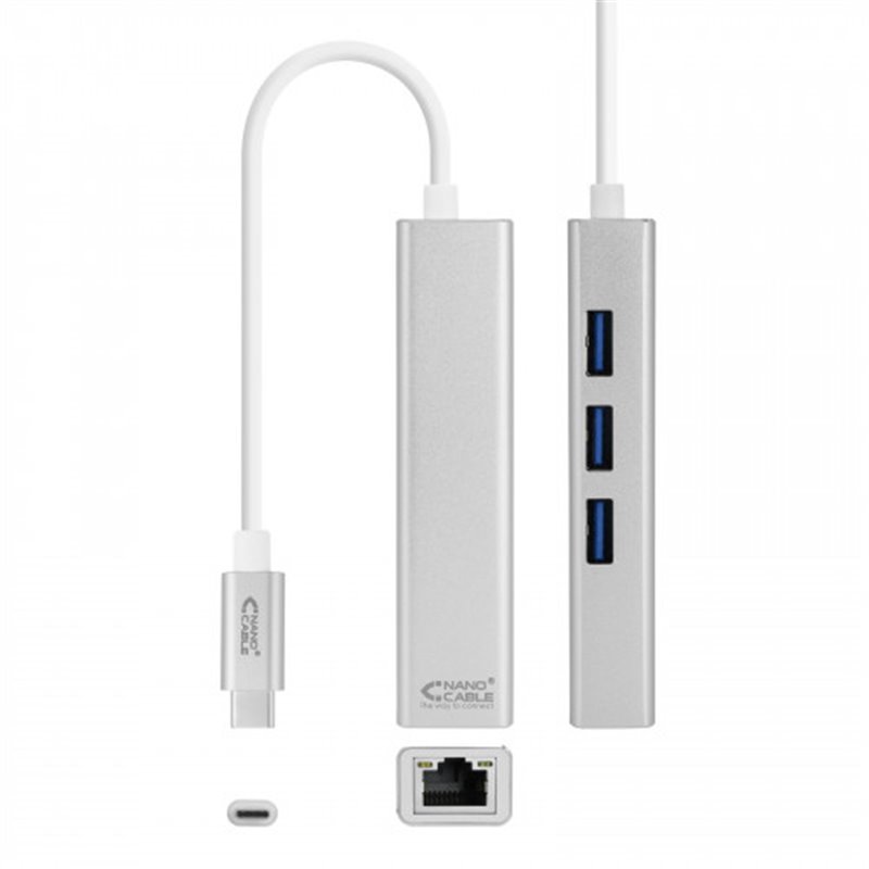 Nanocable Conversor USB-C a Ethernet Gigabit + 3xUSB 3.0, Plata, 15 cm