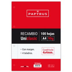 RECAMBIO PAQUETE 100 HOJAS A4 UNICLASIC 90 GR. 4X4 CON MARGEN PAPYRUS 53391000