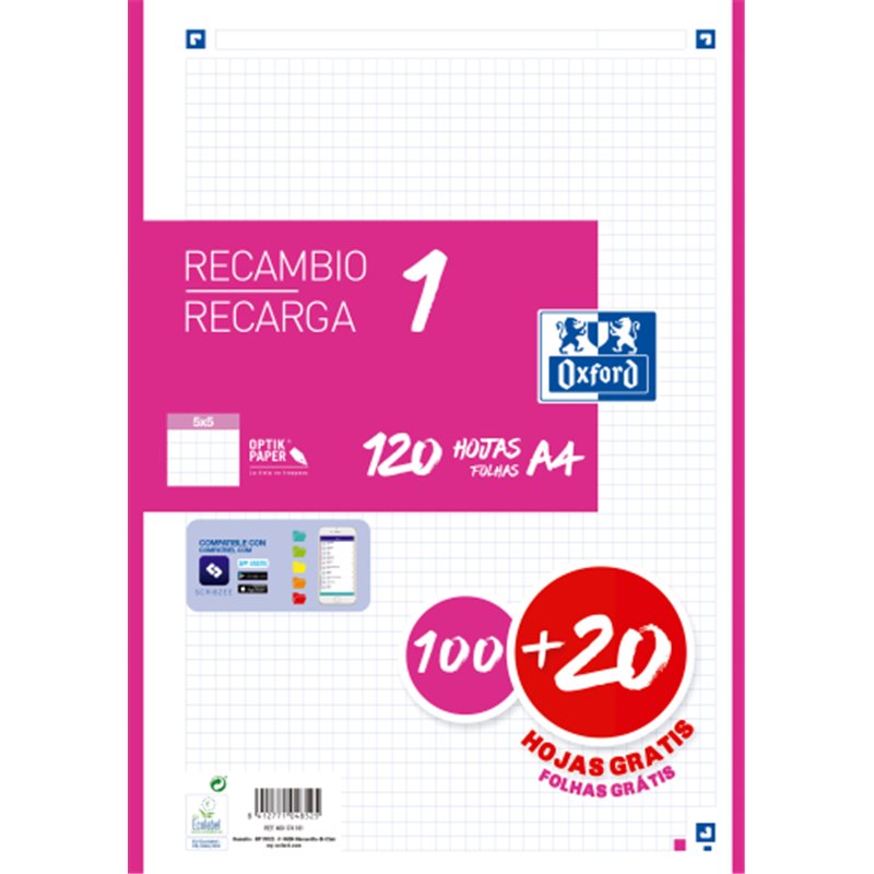 RECAMBIO COLOR 1 A4  100+20 HOJAS 5X5 FUCSIA 90GRS OXFORD 400174181