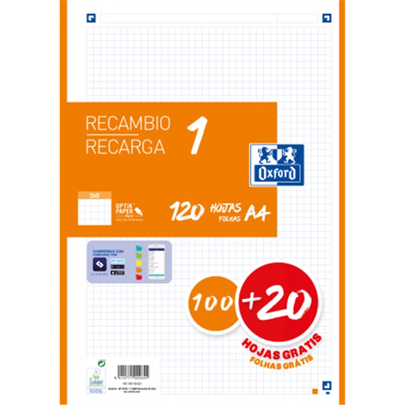 RECAMBIO COLOR 1 A4 100+20 HOJAS 5X5 NARANJA 90GRS OXFORD 400158163