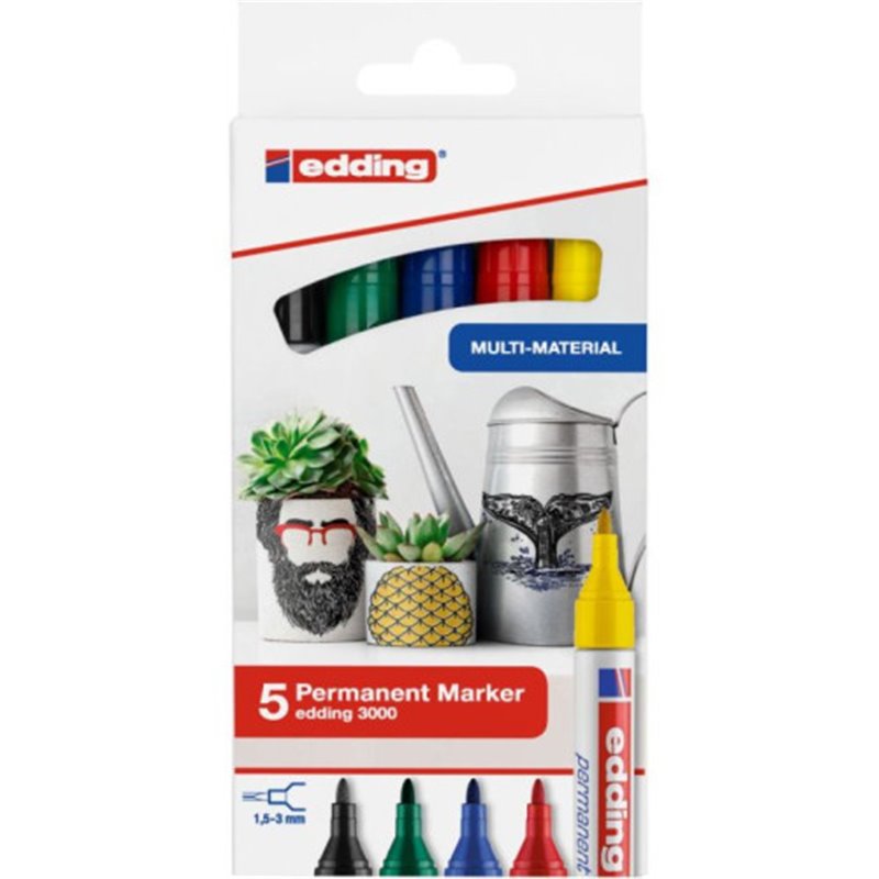 Edding 3000 marcador permanente Punta redonda Negro, Azul, Verde, Rojo, Amarillo 5 pieza(s)