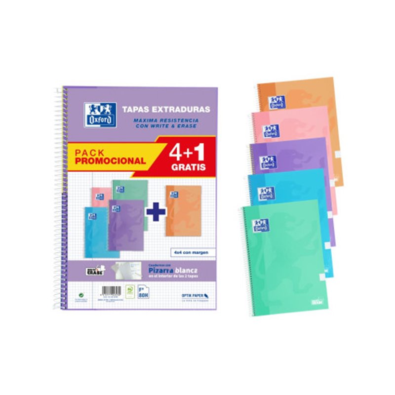 PACK 4+1 CUADERNOS CLASSIC WRITE&ERASE Fº T.EXTRADURA 80H 4X4 COLORES PASTEL OXFORD 400159802