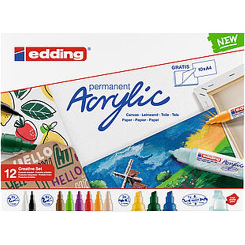 Edding Acrylic Negro, Azul, Verde, Azul claro, Verde claro, Rosa, Púrpura, Rojo, Blanco, Amarillo 12 pieza(s)