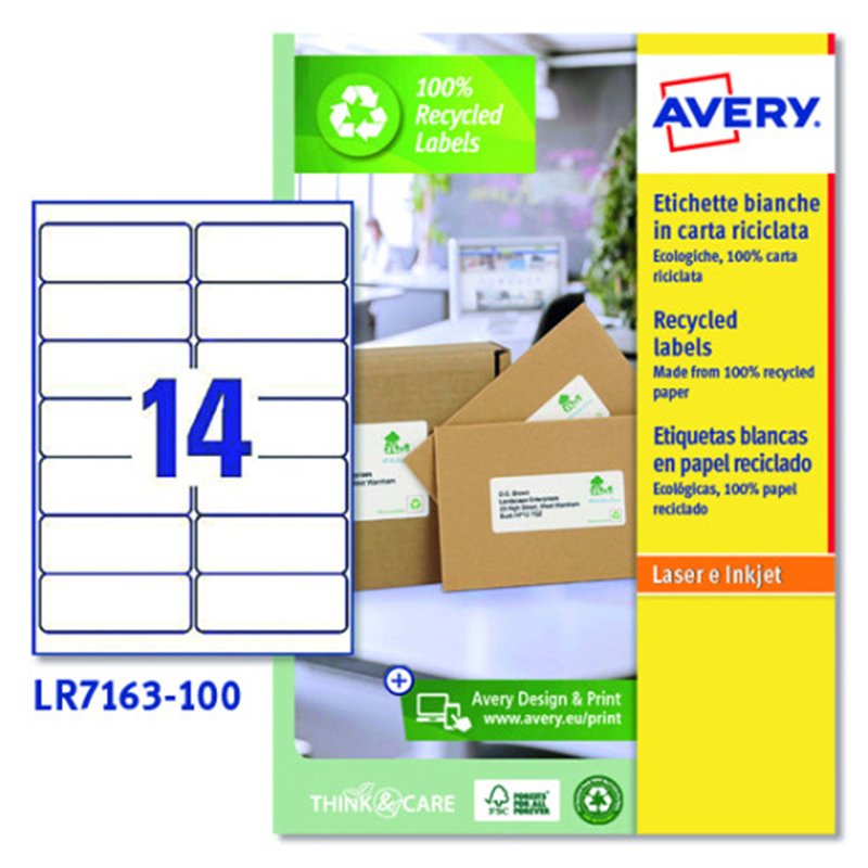 CAJA 100 ETIQUETAS BLANCAS RECICLADAS - QUICKPEEL - IMPRESORAS LÁSER 99,1X38,1MM - 14 ETIQUETAS POR HOJA AVERY LR7163-100