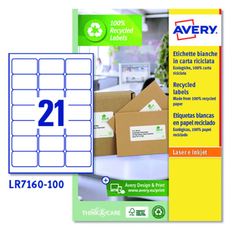 CAJA 100 ETIQUETAS BLANCAS RECICLADAS - QUICKPEEL - IMPRESORAS LÁSER - 63,5X38,1 - 21 ETIQUETAS POR HOJA AVERY LR7160-100