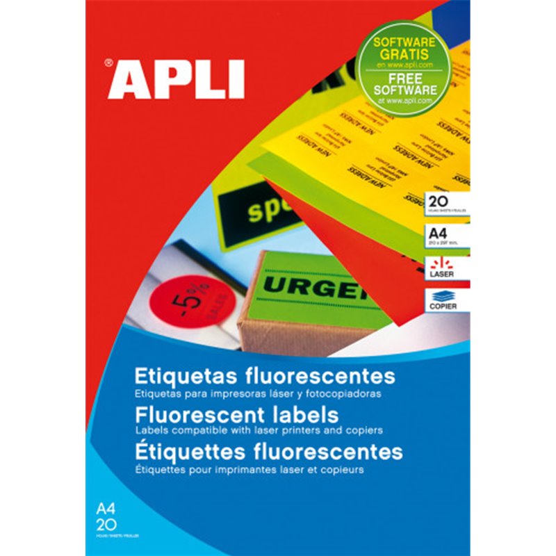 PACK 20 HOJAS (20UD.)ETIQUETAS VERDE FLUORESCENTE PERMANENTES 210,0 X 297,0 MM APLI 2881