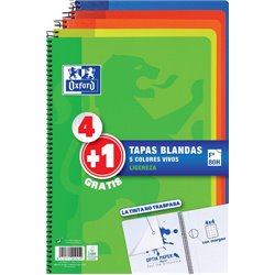 PACK 4+1 CUADERNO ESPIRAL TAPA BLANDA FOLIO 80 HOJAS 4X4 CON MARGEN COLORES VIVOS OXFORD 400027271