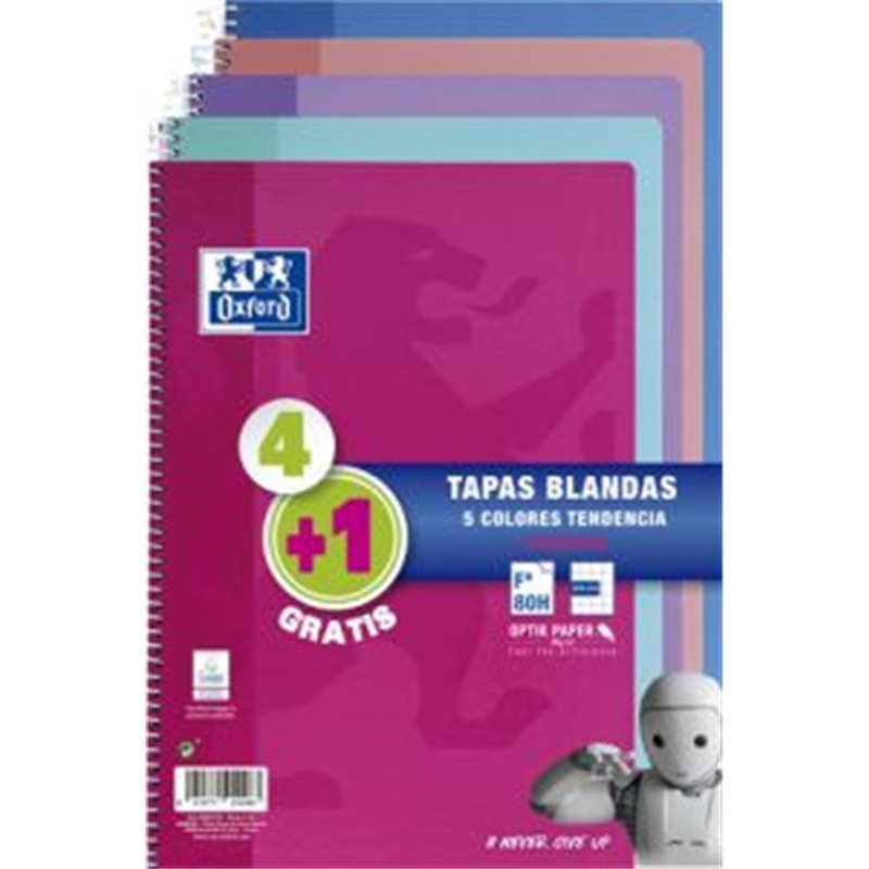 PACK 4+1 CUADERNO ESPIRAL TAPA BLANDA FOLIO 80 HOJAS 4X4 CON MARGEN COLORES TENDENCIA OXFORD 400072719