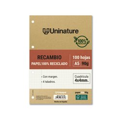 RECAMBIO RECICLADO A5 100 HOJAS 90GR CUADRICULA 4X4 MM CON TALADROS UNINATURE 53393400