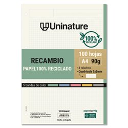 RECAMBIO RECICLADO A4 100 HOJAS 90GR CUADRICULA 5X5 MM CON TALADROS 5 BANDAS COLOR UNINATURE 53392900