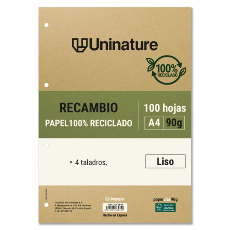 RECAMBIO RECICLADO A4 100 HOJAS 90GR LISO CON TALADROS UNINATURE 53392800