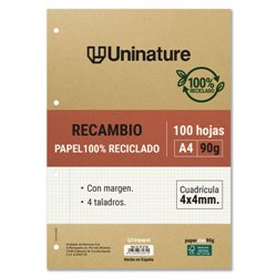 RECAMBIO RECICLADO A4 100 HOJAS 90GR CUADRICULA 4X4 MM CON TALADROS UNINATURE 53392700