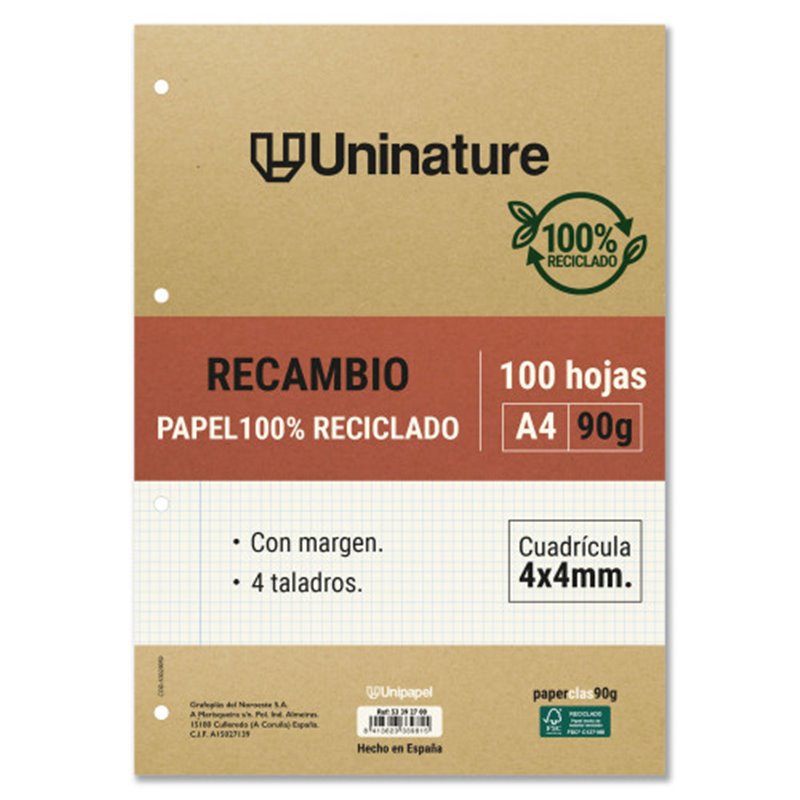 RECAMBIO RECICLADO A4 100 HOJAS 90GR CUADRICULA 4X4 MM CON TALADROS UNINATURE 53392700