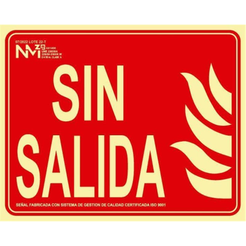 SEÑAL DE INCENDIO "SIN SALIDA" 20X25CM HOMOLOGADA SEGÚN NORMATIVA PP ROJO ARCHIVO 2000 6171-06H RJ