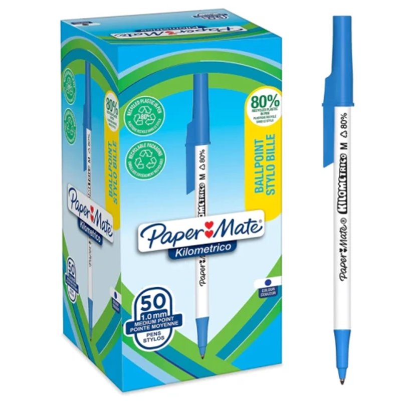 CAJA 50 BOLÍGRAFOS PAPER MATE KILOMÉTRICO PUNTA MEDIANA (1,0MM) TINTA AZUL 80% PLÁSTICO RECICLADO PAPER MATE 2187702