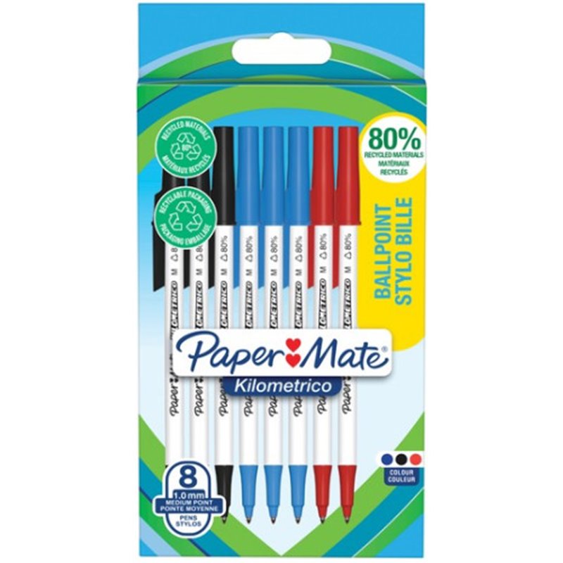 BLÍSTER 8 BOLÍGRAFOS PAPER MATE KILOMÉTRICO PUNTA MEDIANA (1,0MM) TINTA NEGRA, AZUL Y ROJA 80% RECICLADO PAPER MATE 2187680