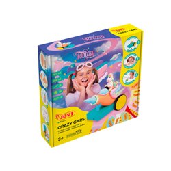 SET CRAZY CARS CON 8 PASTILLAS DE PLASTILINA COLORES SURTIDOS DE 50G, 2 BARRITAS DE 15G, 3 MODELADORES, 2 RUEDAS CRAZY CARS, 1 P