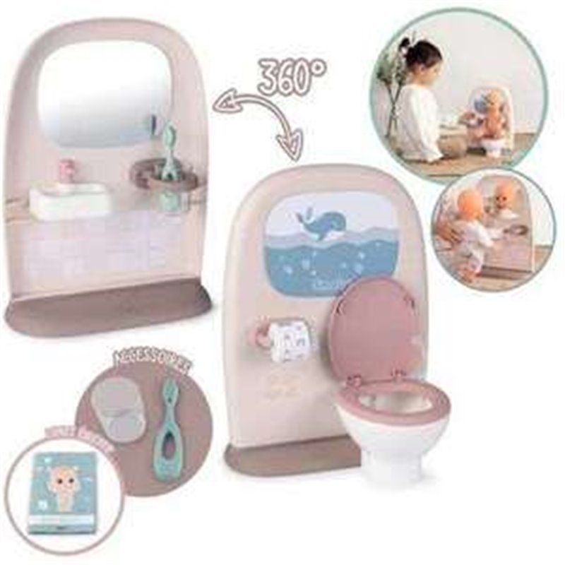 BAÑO BEBÉ BABY NURSE CON 2 ZONAS POR UN LADO RETRETE Y OTRO LAVABO.MUÑECO NO INCLUIDO. 34X25X22,2 CM