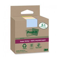 PACK 3+1 BLOCS 90 HOJAS NOTAS RECICLADAS ADHESIVAS 76X76MM SUPER STICKY COLORES SURTIDOS 654 RSSCOL3+1 POST-IT 7100285103