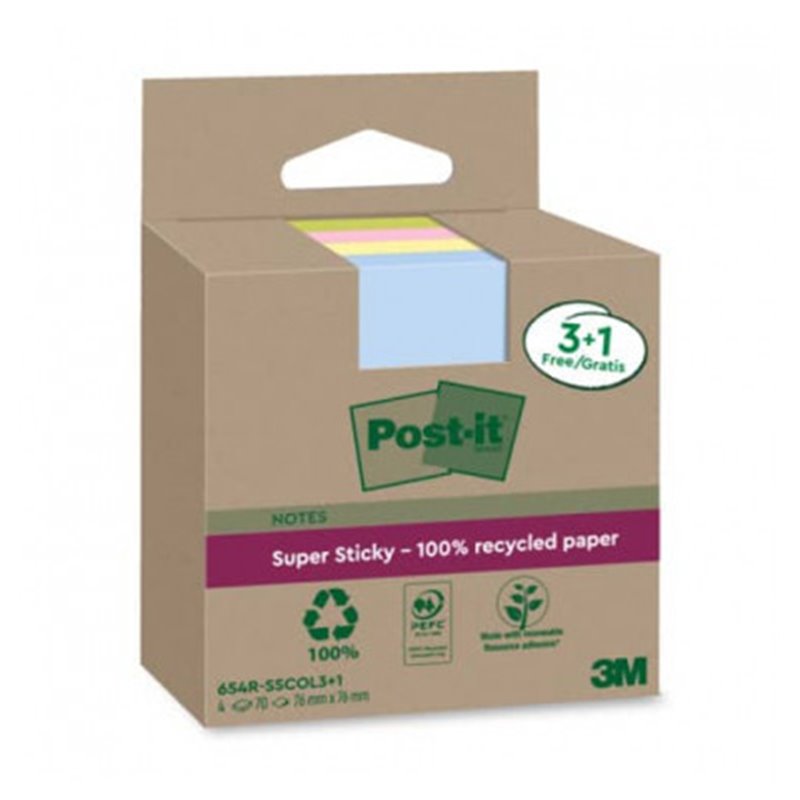 PACK 3+1 BLOCS 90 HOJAS NOTAS RECICLADAS ADHESIVAS 76X76MM SUPER STICKY COLORES SURTIDOS 654 RSSCOL3+1 POST-IT 7100285103