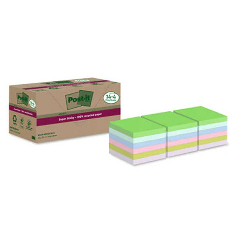 PACK 14+4 BLOCS 90 HOJAS NOTAS RECICLADAS ADHESIVAS 76X76MM SUPER STICKY COLORES SURTIDOS 654 RSSCOL14+4 POST-IT 7100284782